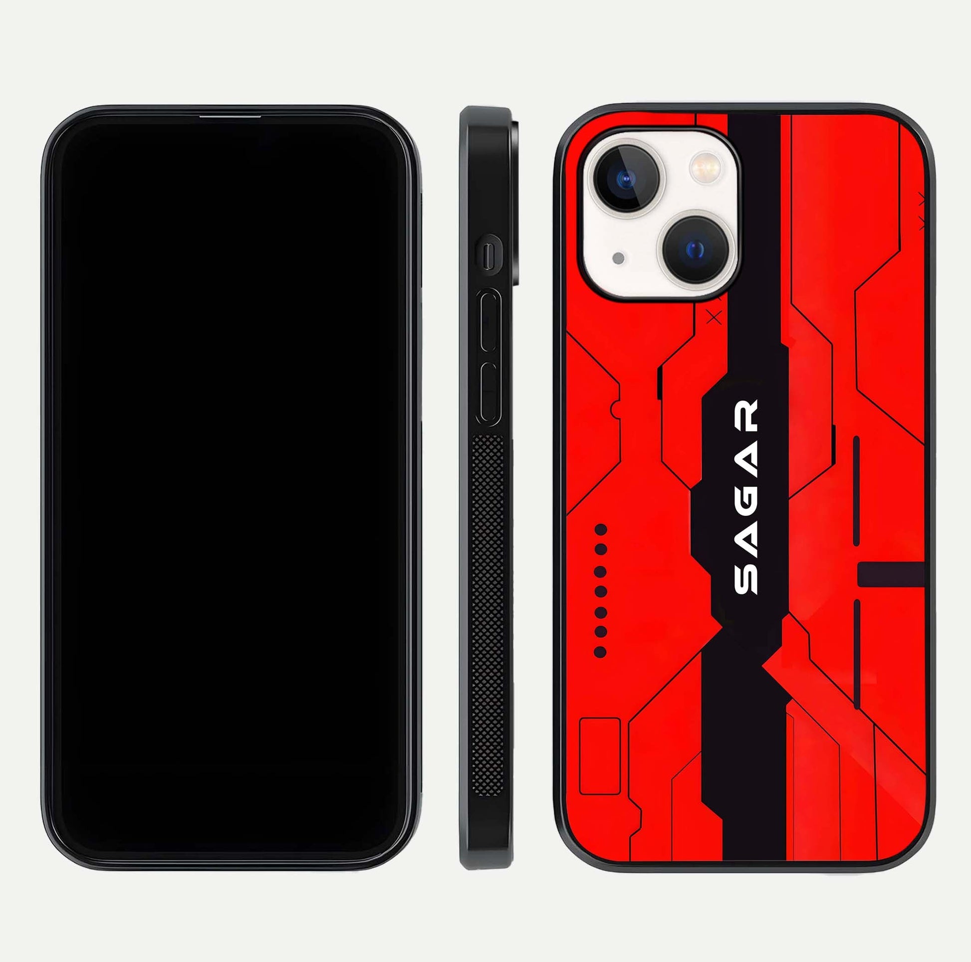 Voltage Rise CYBERPUNK Custom Name Glass Case for iPhone 14 front & back layout showing futuristic tones and sleek edge