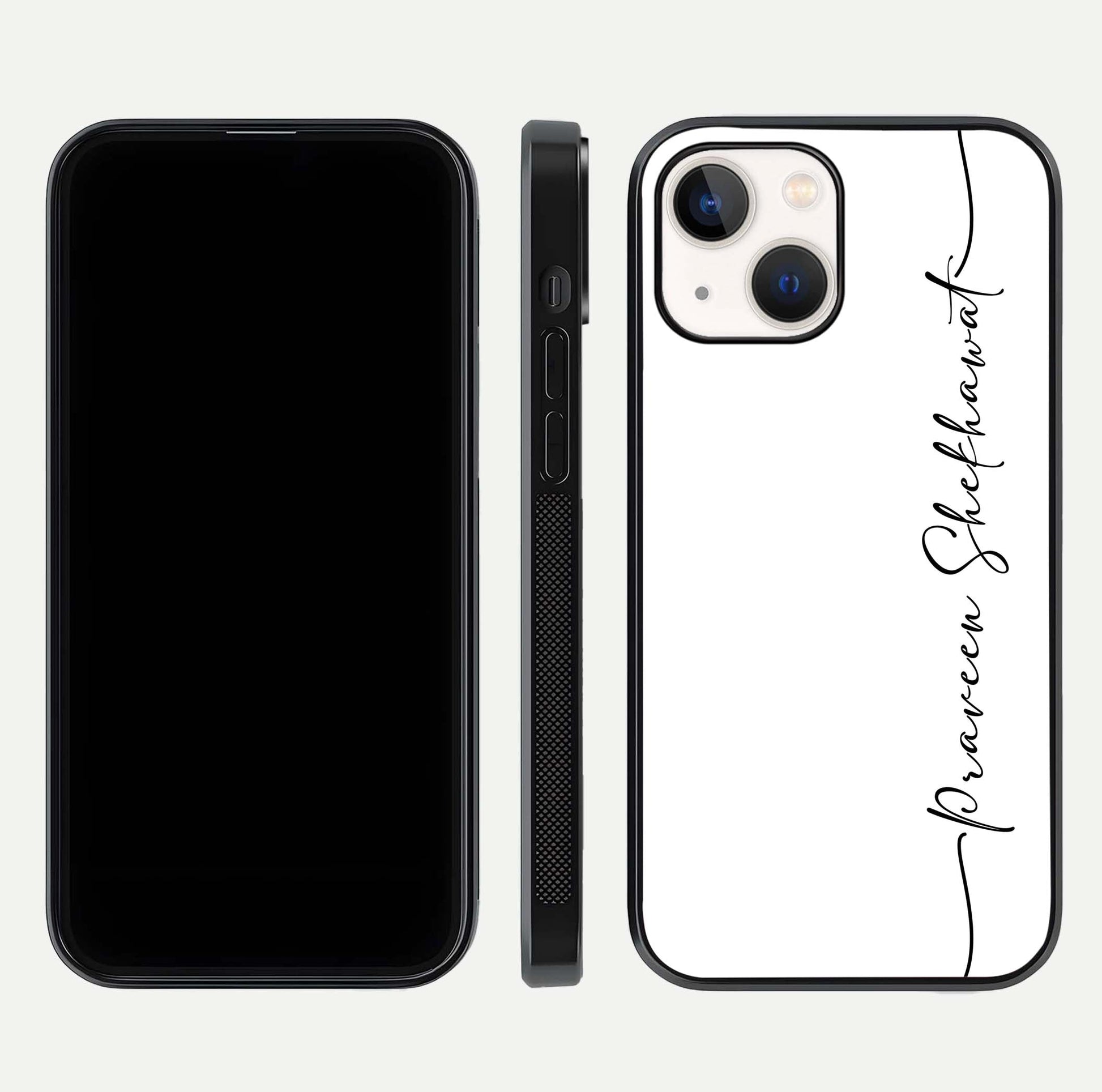 White Tune Custom Name Glass Case for iPhone 16 Pro front & back layout showing clean design and text placement