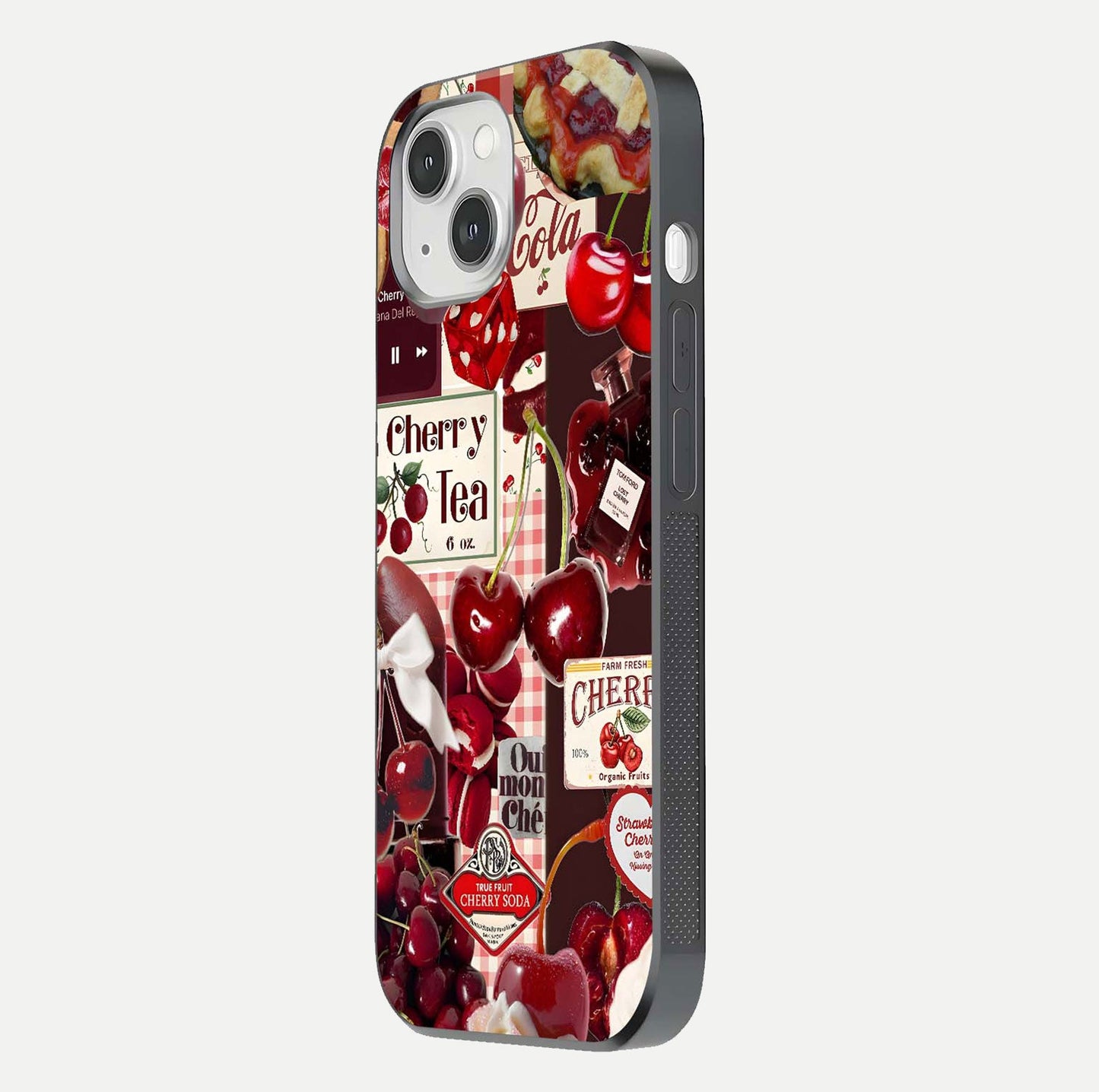 Aesthetic Cherry Tea Glass Case for iPhone 16 Pro side-angle image showing cherry collage print, camera module, and glossy finish reflection