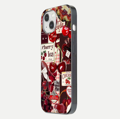 Aesthetic Cherry Tea Glass Case for iPhone 16 Pro side-angle image showing cherry collage print, camera module, and glossy finish reflection