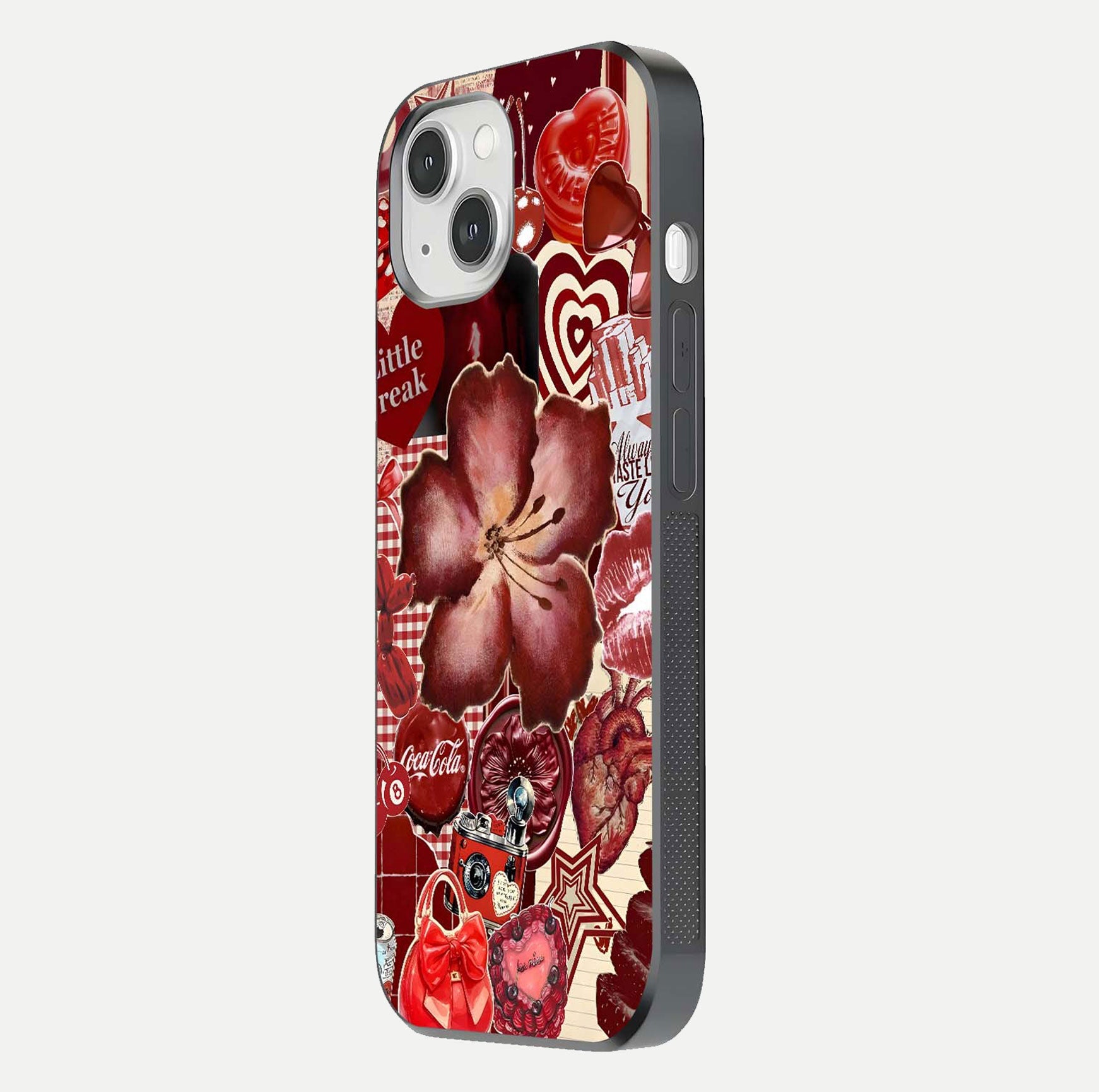 Aesthetic Little Freak Glass Case for iPhone 16 Pro side-angle image showing colorful design, camera module, and glossy finish reflection