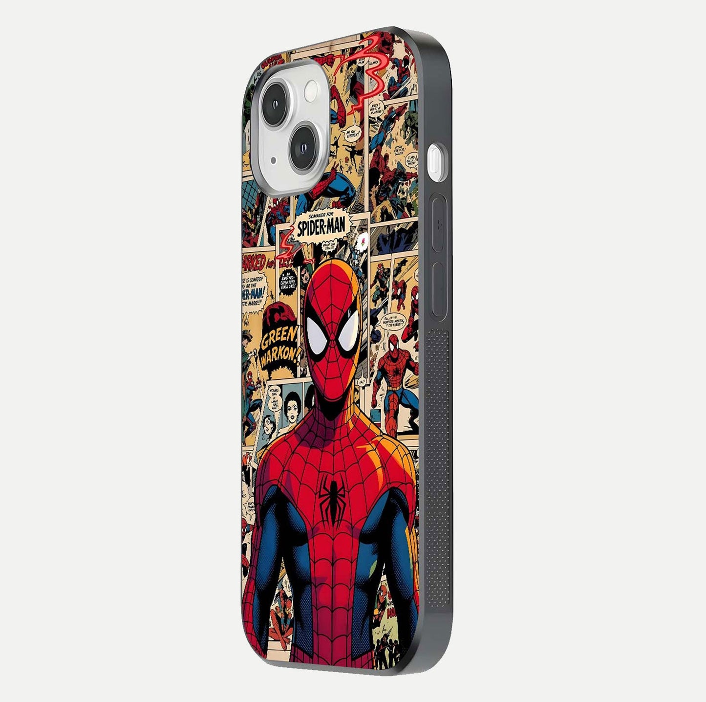 Aesthetic Spider Man Glass Case for iPhone 16 Pro side-angle image showing superhero comic print, camera module, and glossy finish reflection