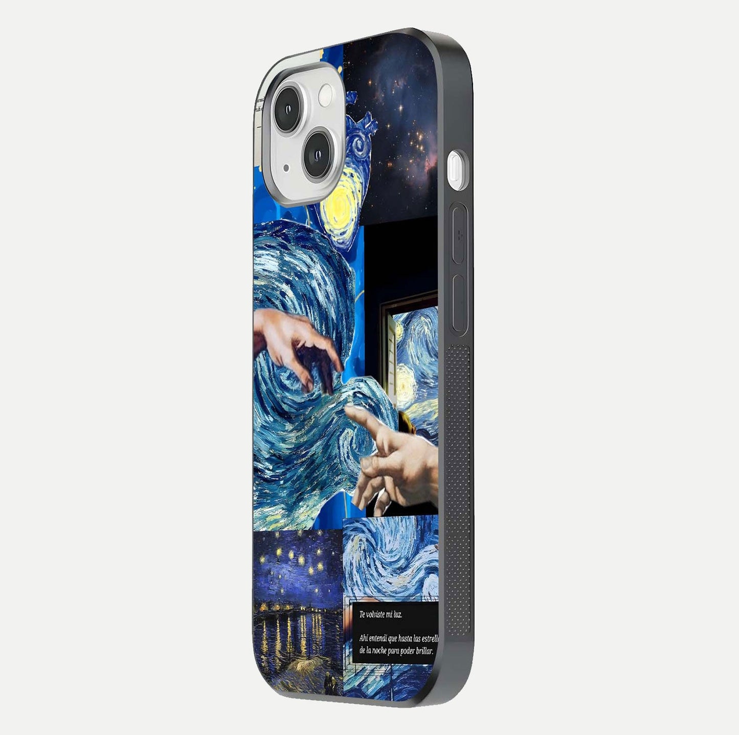 Aesthetic Vando Hands Glass Case for iPhone 16 Pro side-angle image showcasing hand design, protective edges, and gloss texture