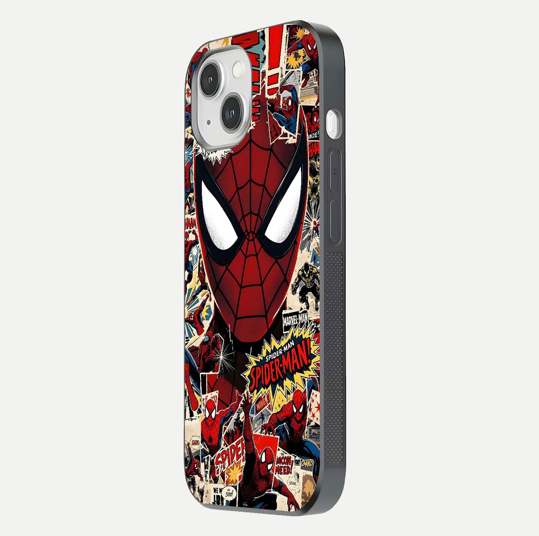 Aesthetic Wonder Spider Glass Case for iPhone 16 Pro side-angle shot showing red-blue tones and durable protective frame