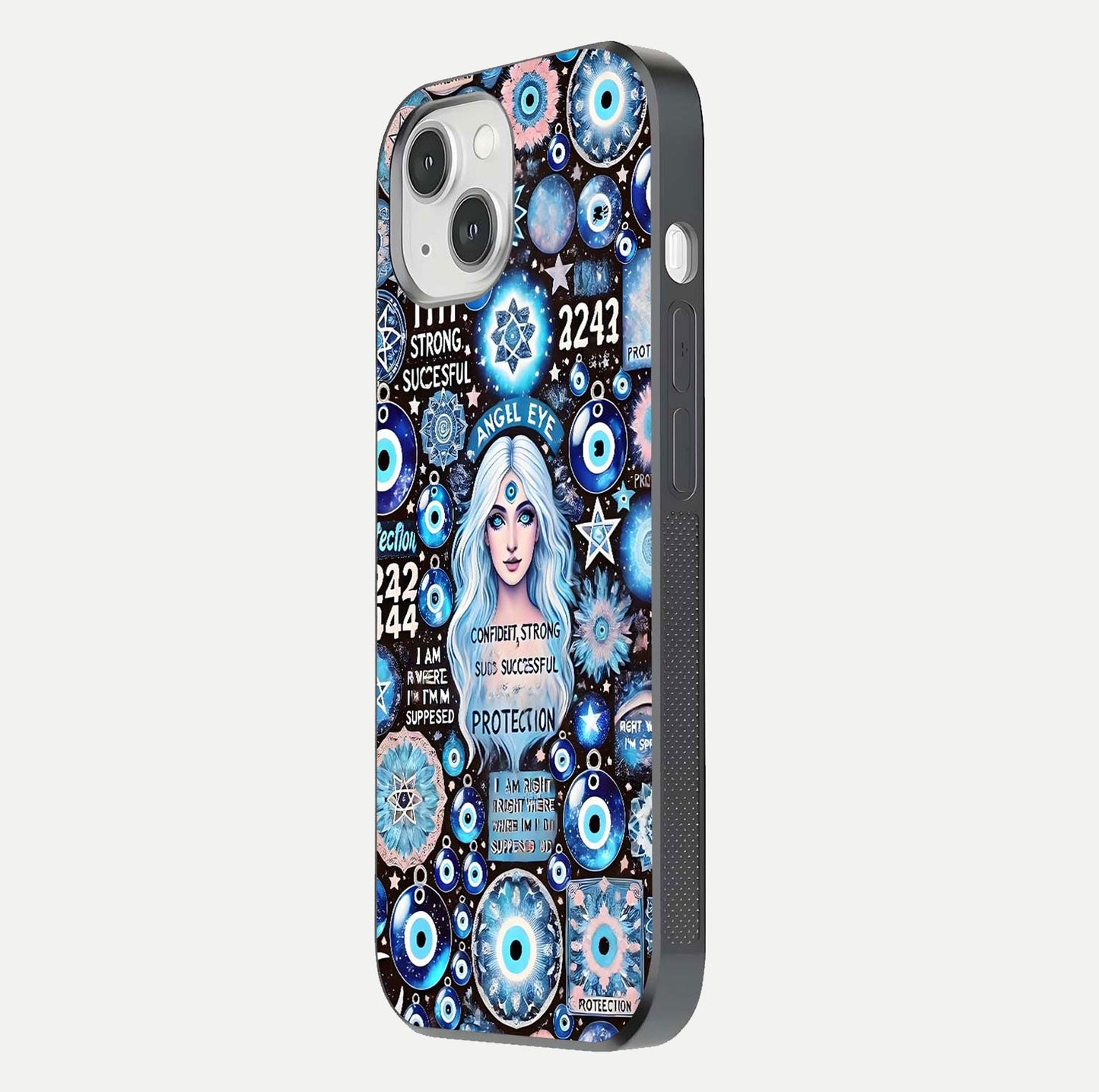 Angel Aura Shield Glass Case for iPhone 16 Pro side-angle photo showcasing aura details and glossy surface reflection