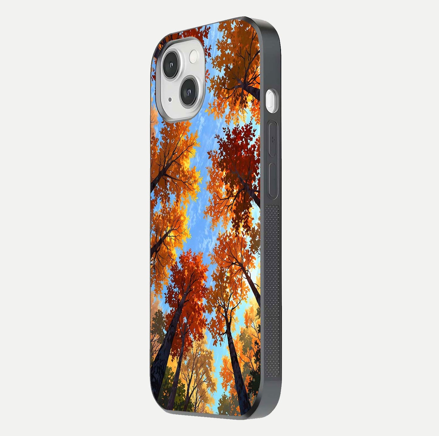 Autumn Sky Rise Glass Case for iPhone 16 Pro side-angle showing autumn art tones and protective corners