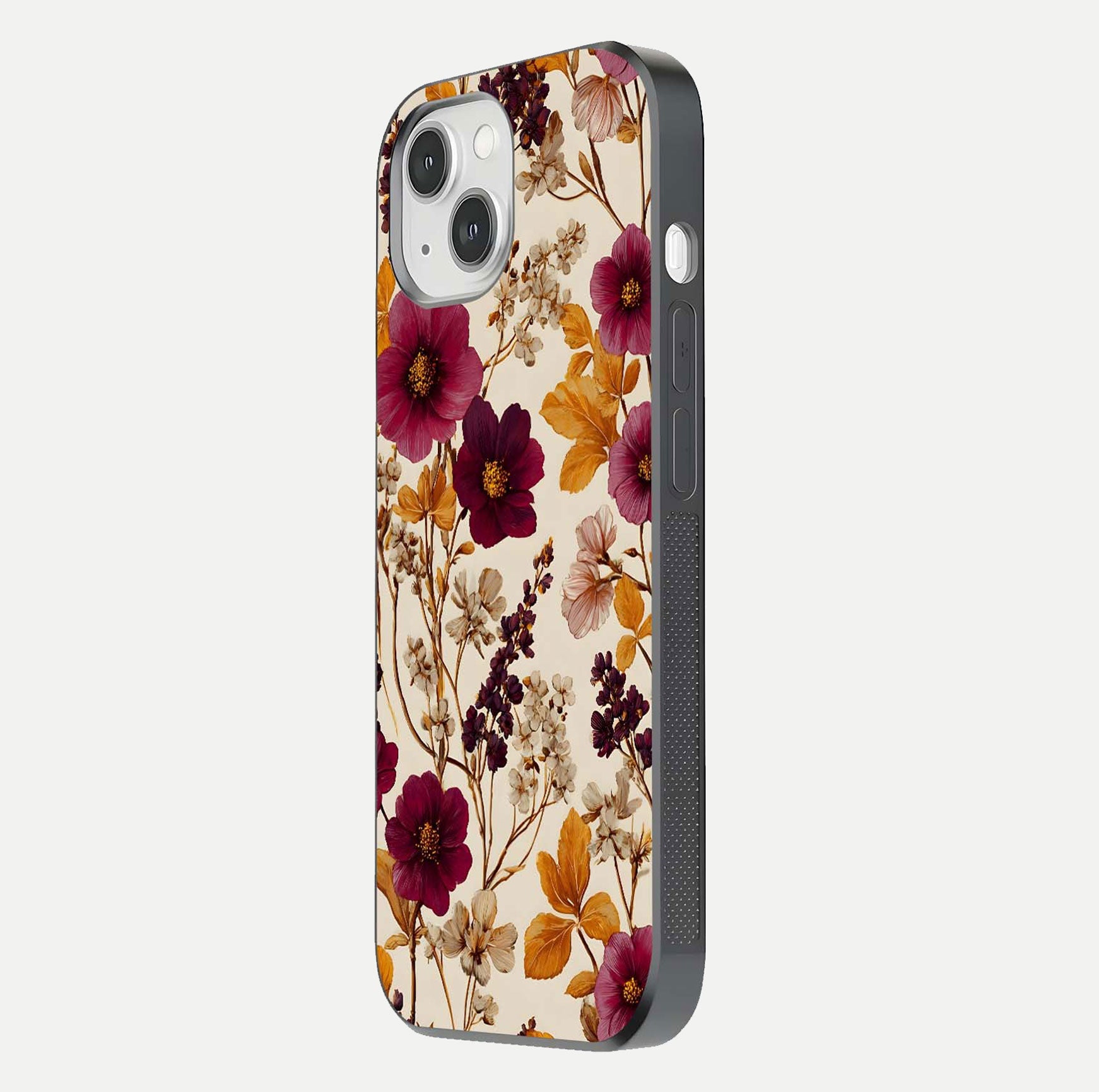 Autumn Wine Bloom Glass Case for iPhone 16 Pro side-angle showcasing floral design, texture gloss, and camera frame