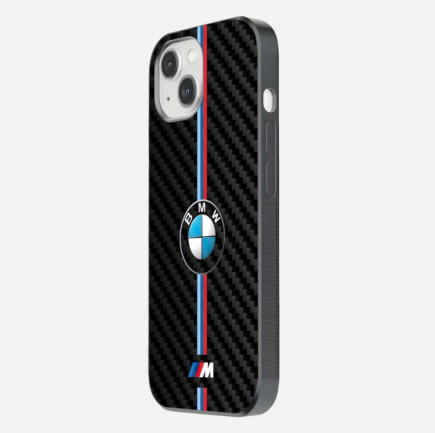 BMW Pattern Glass Case for iPhone 14 side-angle image showing edge finish and luxury car-inspired shine