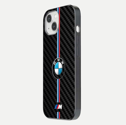 BMW Pattern Glass Case for iPhone 14 side-angle image showing edge finish and luxury car-inspired shine