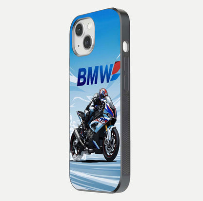 BMW Power Drift Glass Case for iPhone 14 side-angle image emphasizing smooth finish and detailed design