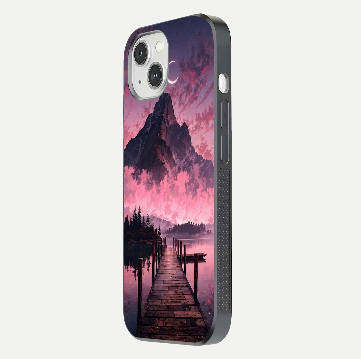 Beautyful Mountain View Glass Case for iPhone 16 Pro side-angle image displaying mountain artwork and gloss surface