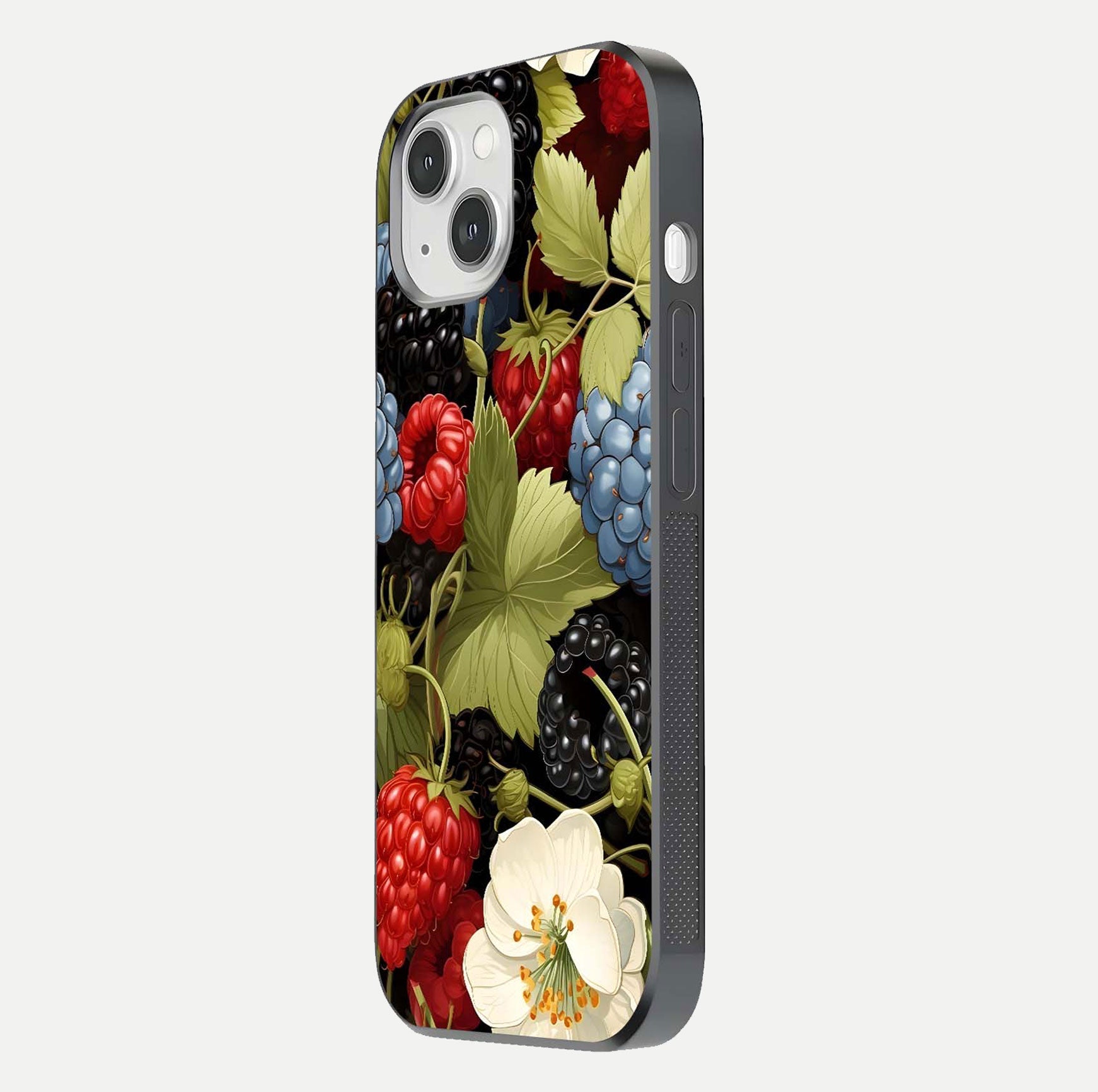 Berry Bloom Charm Glass Case for iPhone 14 side-angle image showing floral texture and high-definition print gloss
