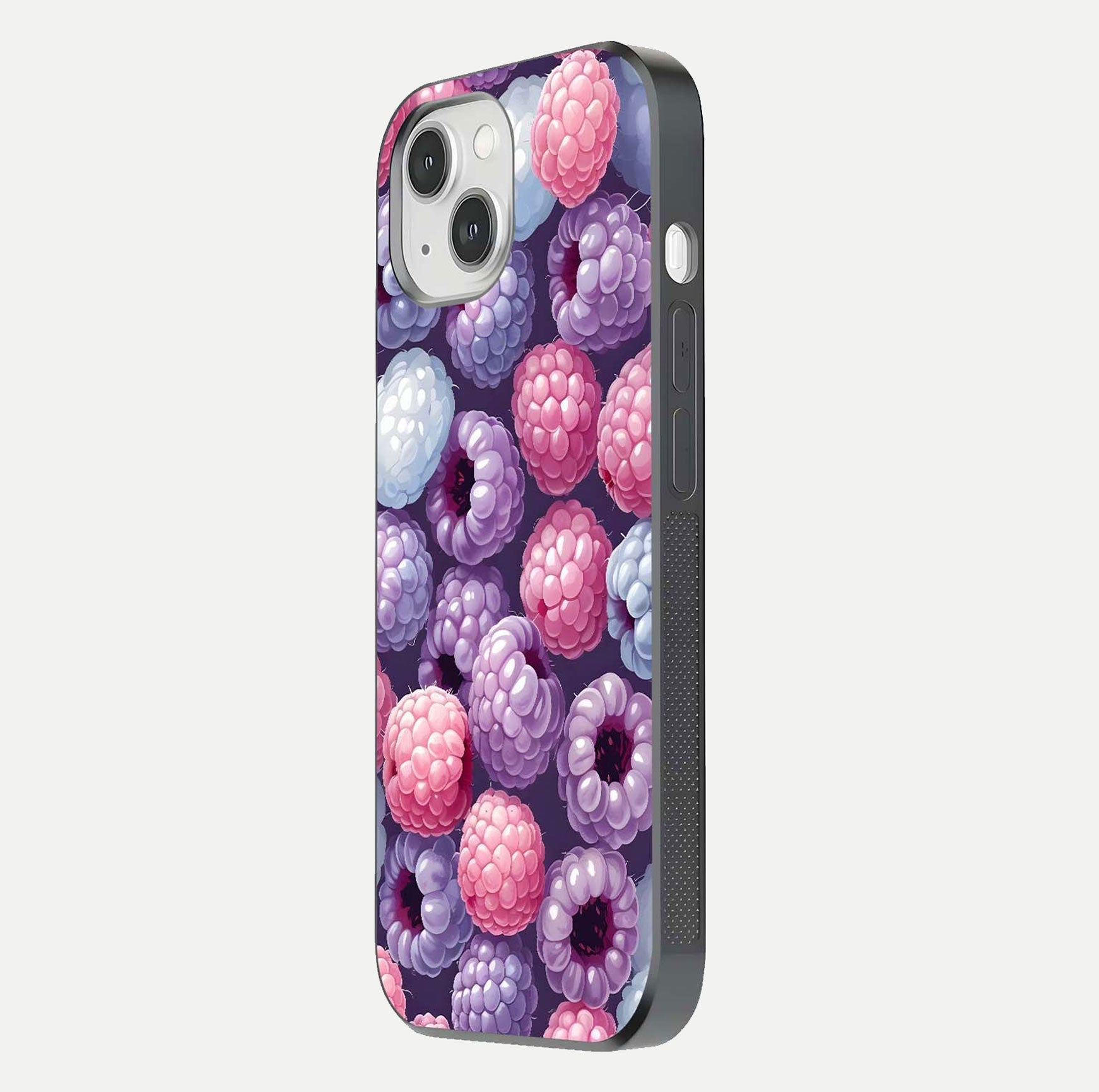 Berry Candy Pop Glass Case for iPhone 14 side-angle image with bright color tones and smooth reflection
