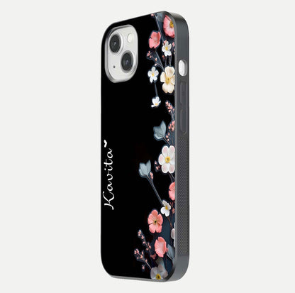 Black Elegance Floral Custom Name Glass Case for iPhone 16 Pro side-angle showing black gloss depth and delicate print texture
