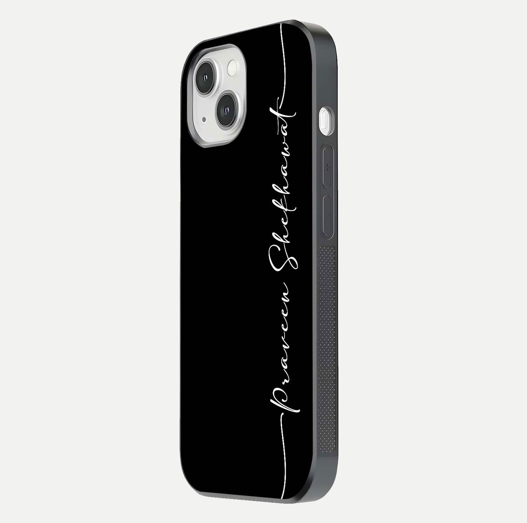 Black Tune Custom Name Glass Case for iPhone 14 side-angle photo showing mirror-like surface and slim profile