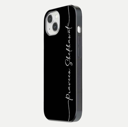 Black Tune Custom Name Glass Case for iPhone 14 side-angle photo showing mirror-like surface and slim profile