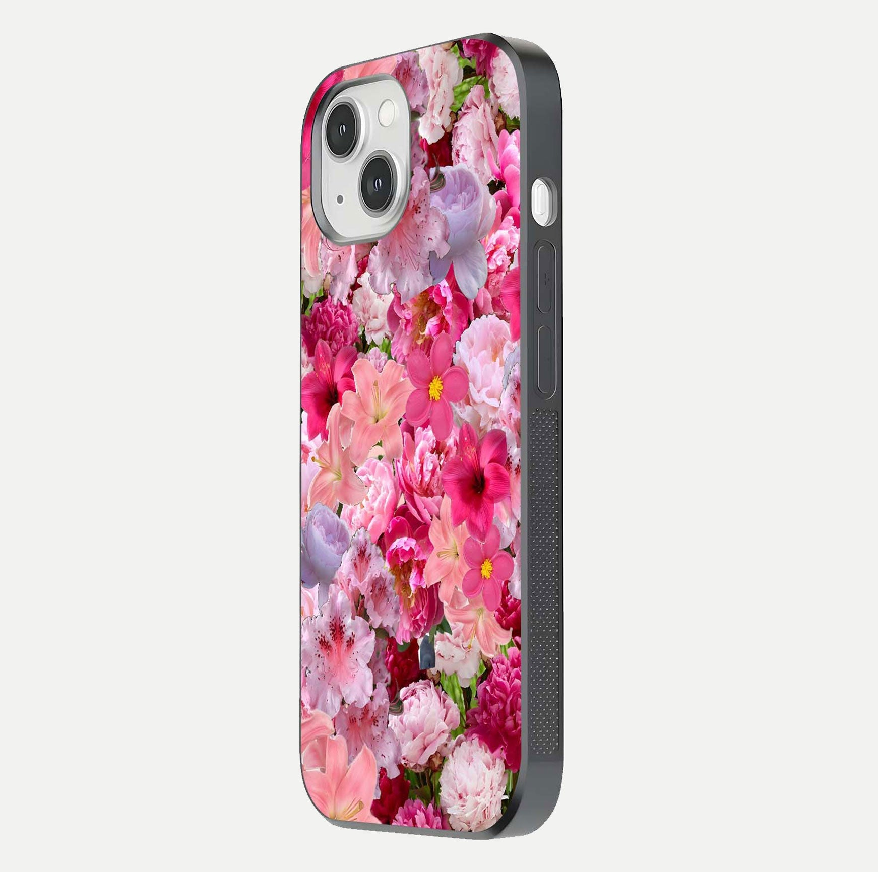Bloom Crush Fantasy Glass Case for iPhone 16 Pro side-angle shot with fantasy bloom art and gloss surface