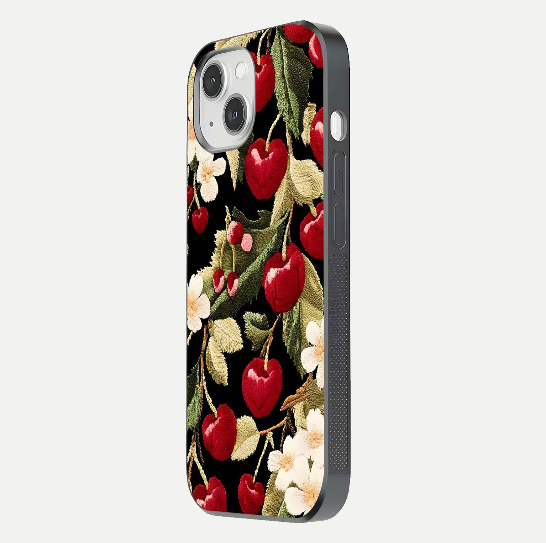 Bloom Thread Art Glass Case for iPhone 14 side-angle image showing texture depth and gloss reflection