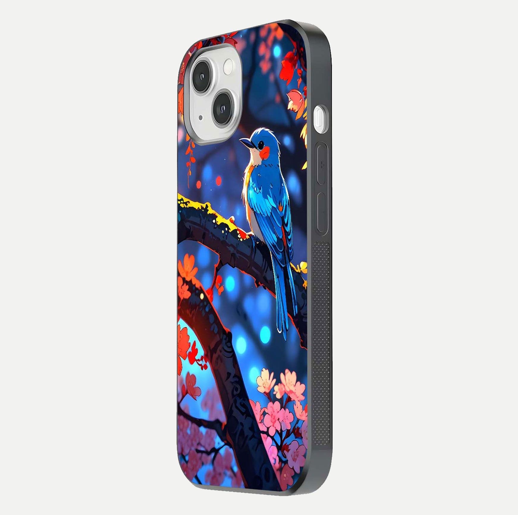 Blooming Spendor Bird Glass Case for iPhone 16 Pro side-angle photo showing floral wings and reflection finish