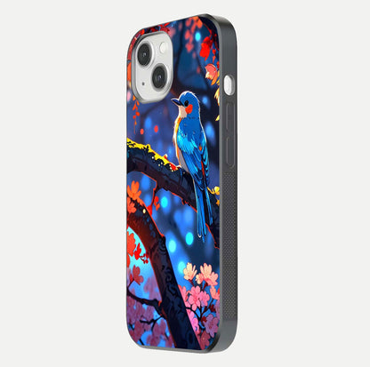 Blooming Spendor Bird Glass Case for iPhone 16 Pro side-angle photo showing floral wings and reflection finish