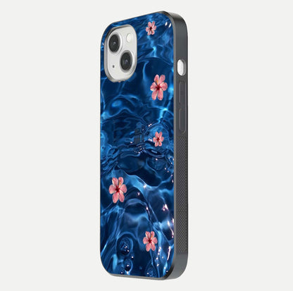 Blooming Water Drift Glass Case for iPhone 14 side-angle image showcasing blossom flow, curved corners, and HD glass gloss