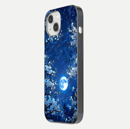 Blossom Moonlight Sky Glass Case for iPhone 14 side-angle view emphasizing moonlight tones and protective edge