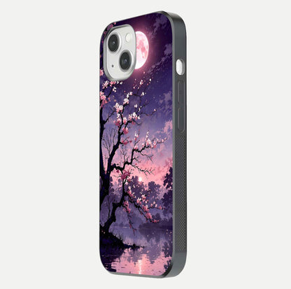 Blossom Pink Moon Glass Case for iPhone 16 Pro side-angle image showing glossy curve and floral-moon balance