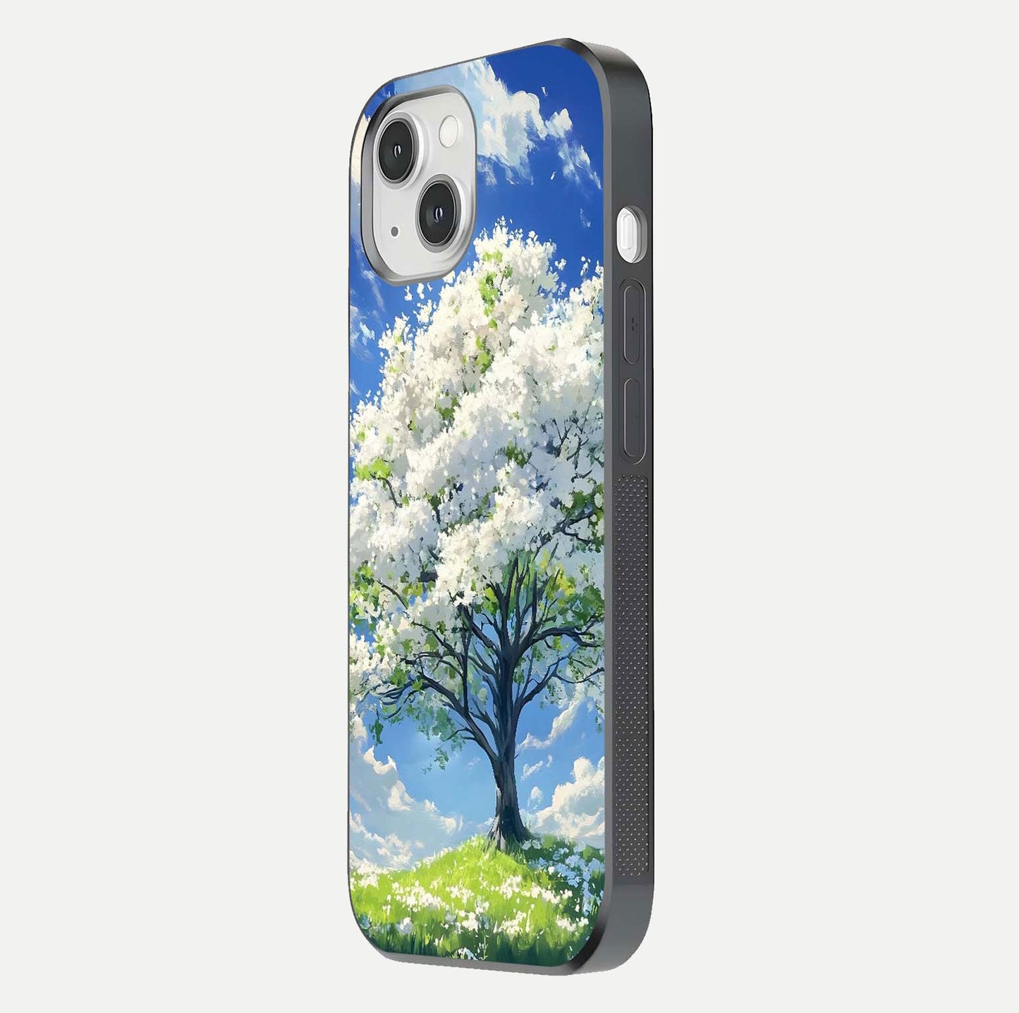 Blossom Sky Serenity Glass Case for iPhone 16 Pro side-angle image showing elegant edge flow and light reflection