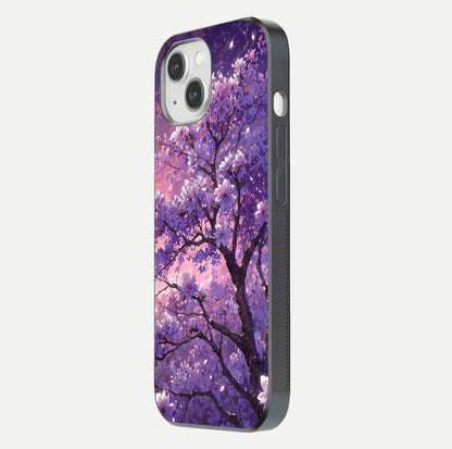 Blossom Tree Glass Case for iPhone 16 Pro side-angle image showing floral tree artwork and reflection gloss