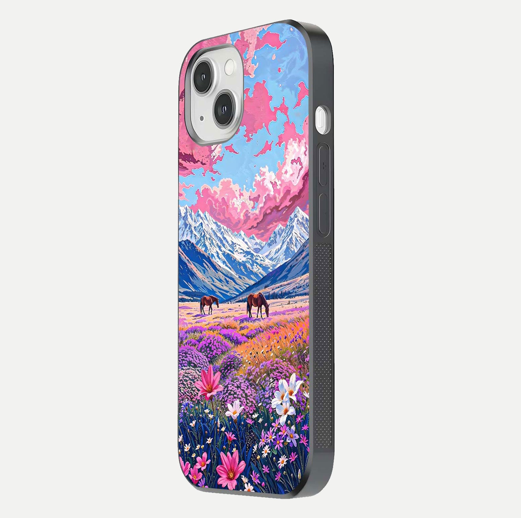 Blossom Valley Dream Glass Case for iPhone 14 side-angle shot showcasing bloom tones and gloss texture