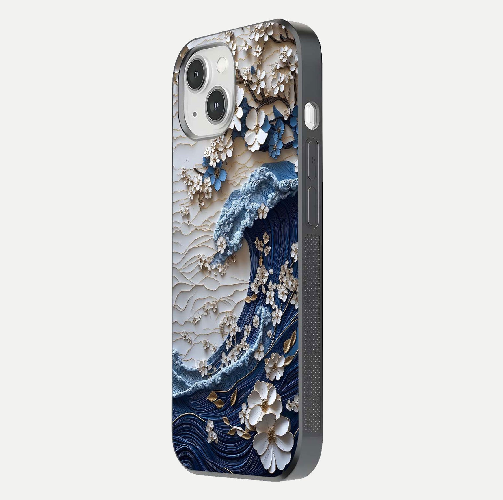 Blossom Wave Art Glass Case for iPhone 16 Pro side-angle view showing wave-flow print and gloss edge finish
