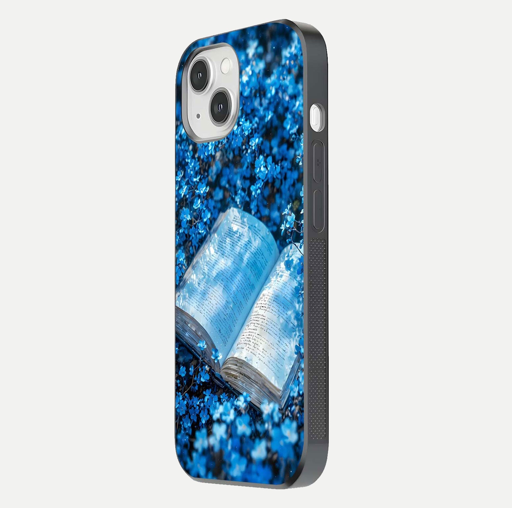 Blue Bloom Tales Glass Case for iPhone 16 Pro side-angle image showing blue floral pattern and glossy finish