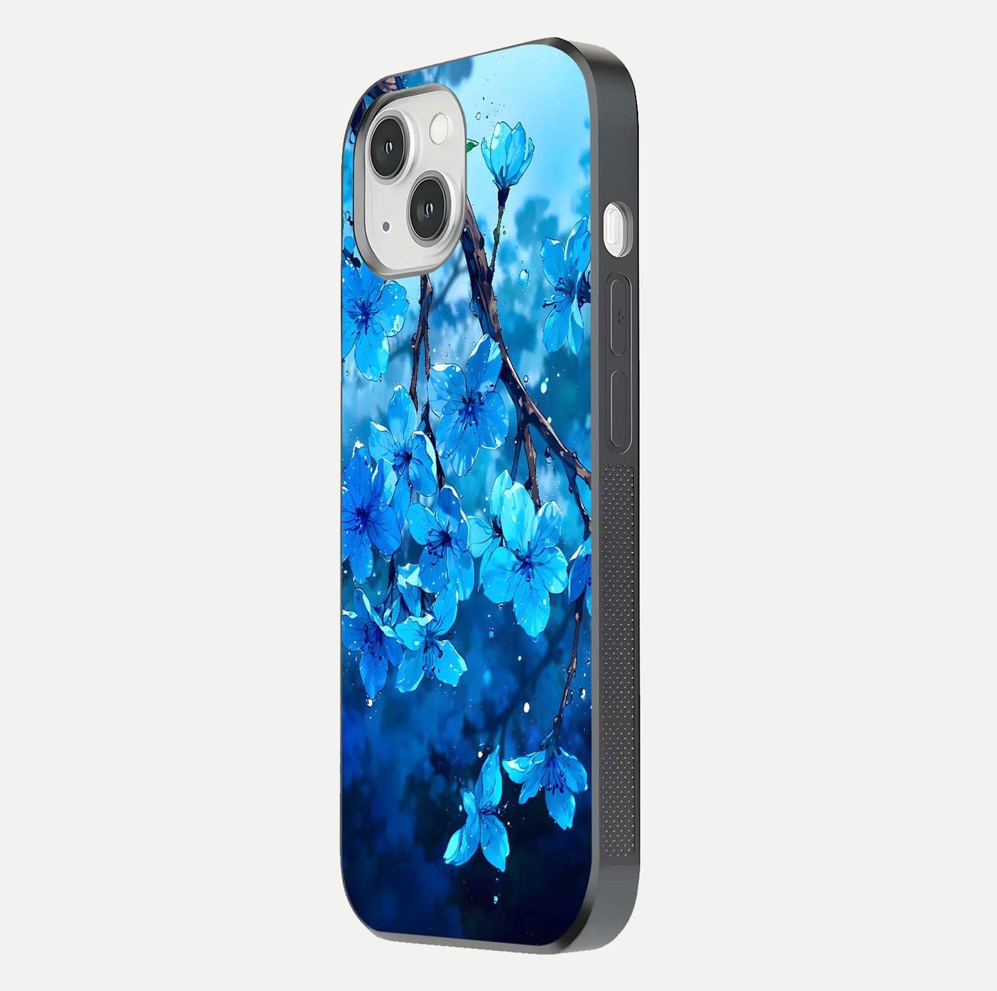 Blue Blossoms Branch Glass Case for iPhone 14 side-angle image showing blossom pattern flow and glossy texture