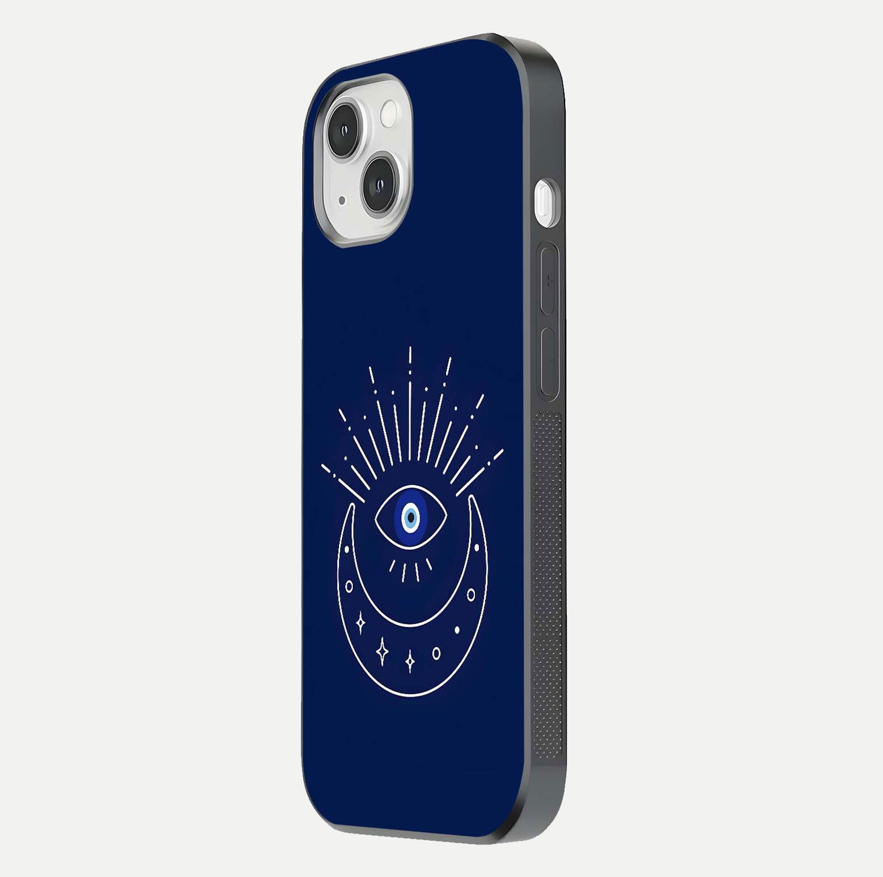Blue Evil Eye Glass Case for iPhone 16 Pro side-angle view showing edge glow, color balance, and reflective surface