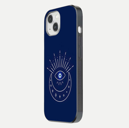 Blue Evil Eye Glass Case for iPhone 16 Pro side-angle view showing edge glow, color balance, and reflective surface
