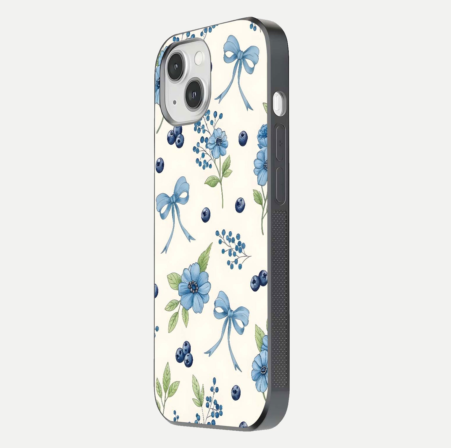 Blue Flower & Bow Glass Case for iPhone 14 side-angle image showing bow-floral mix and HD finish shine
