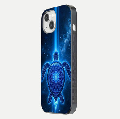 Blue Galaxy Turtle Glass Case for iPhone 16 Pro side-angle photo capturing galaxy shine and smooth edge design