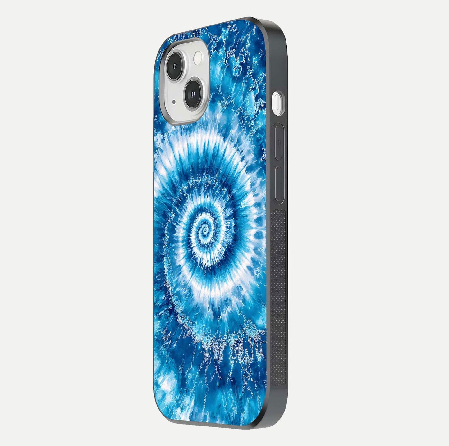 Blue Galaxy Wave Glass Case for iPhone 14 side-angle image showing wave ripple art and glass gloss
