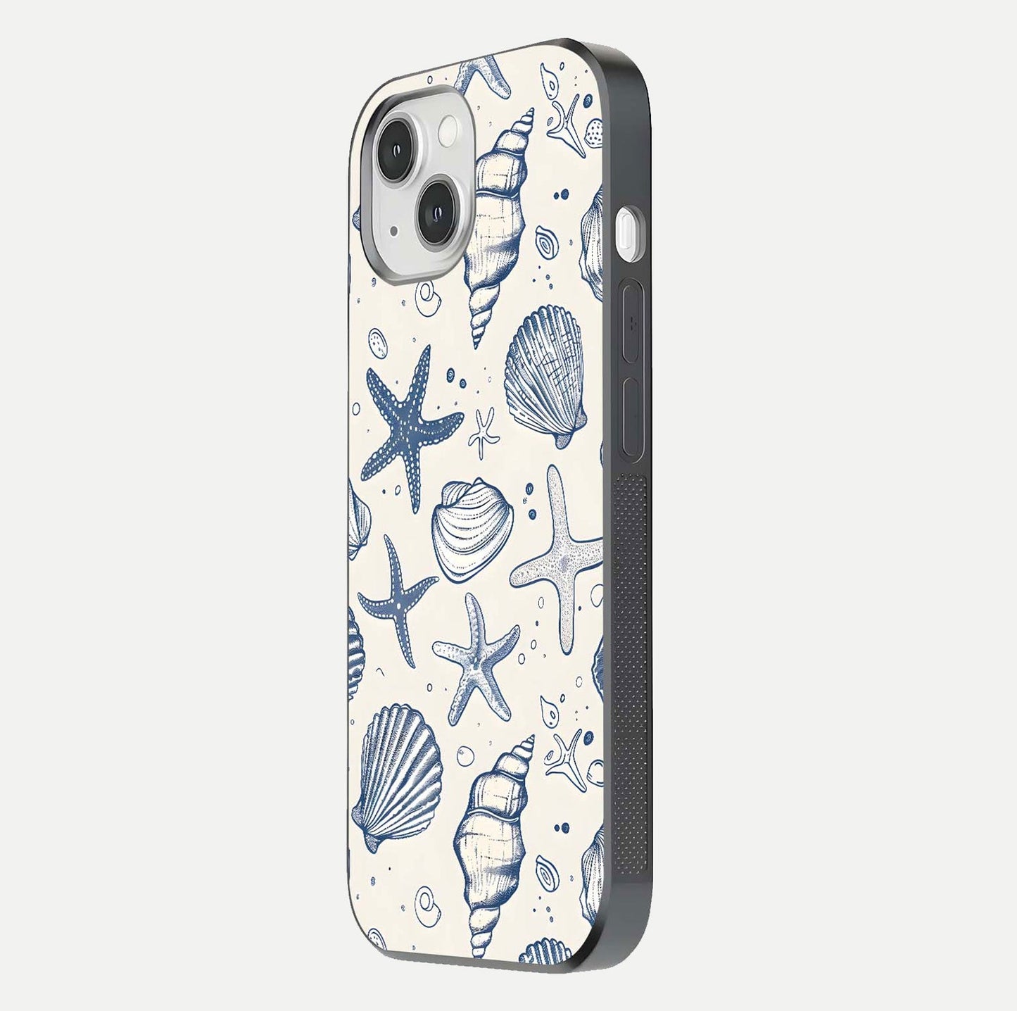 Blue Ocean Outline Glass Case for iPhone 14 side-angle view showing clear edge lines and oceanic blue glow