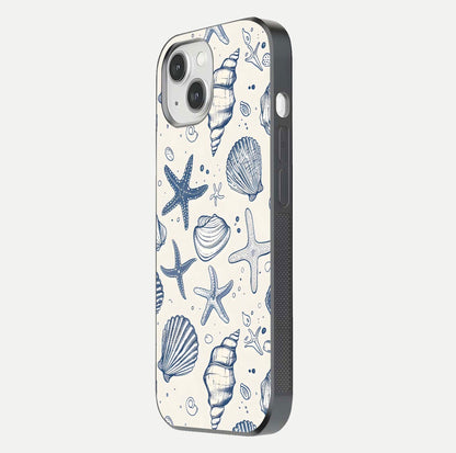 Blue Ocean Outline Glass Case for iPhone 14 side-angle view showing clear edge lines and oceanic blue glow