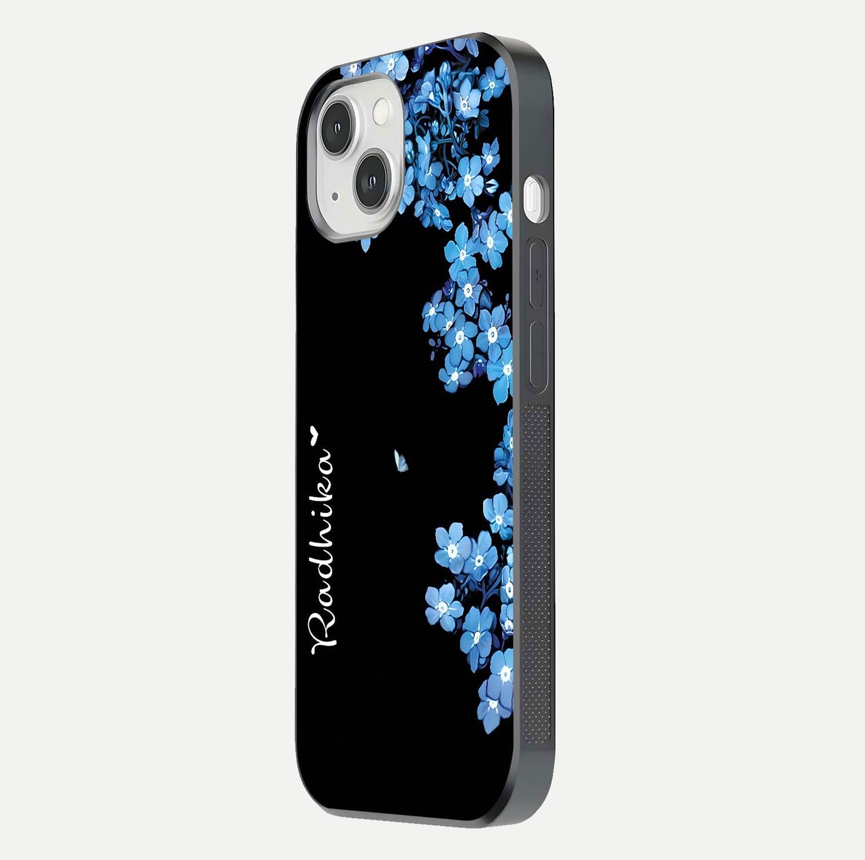 Blue Petal Dream Custom Name Glass Case for iPhone 14 side-angle image showing name print clarity and smooth gloss