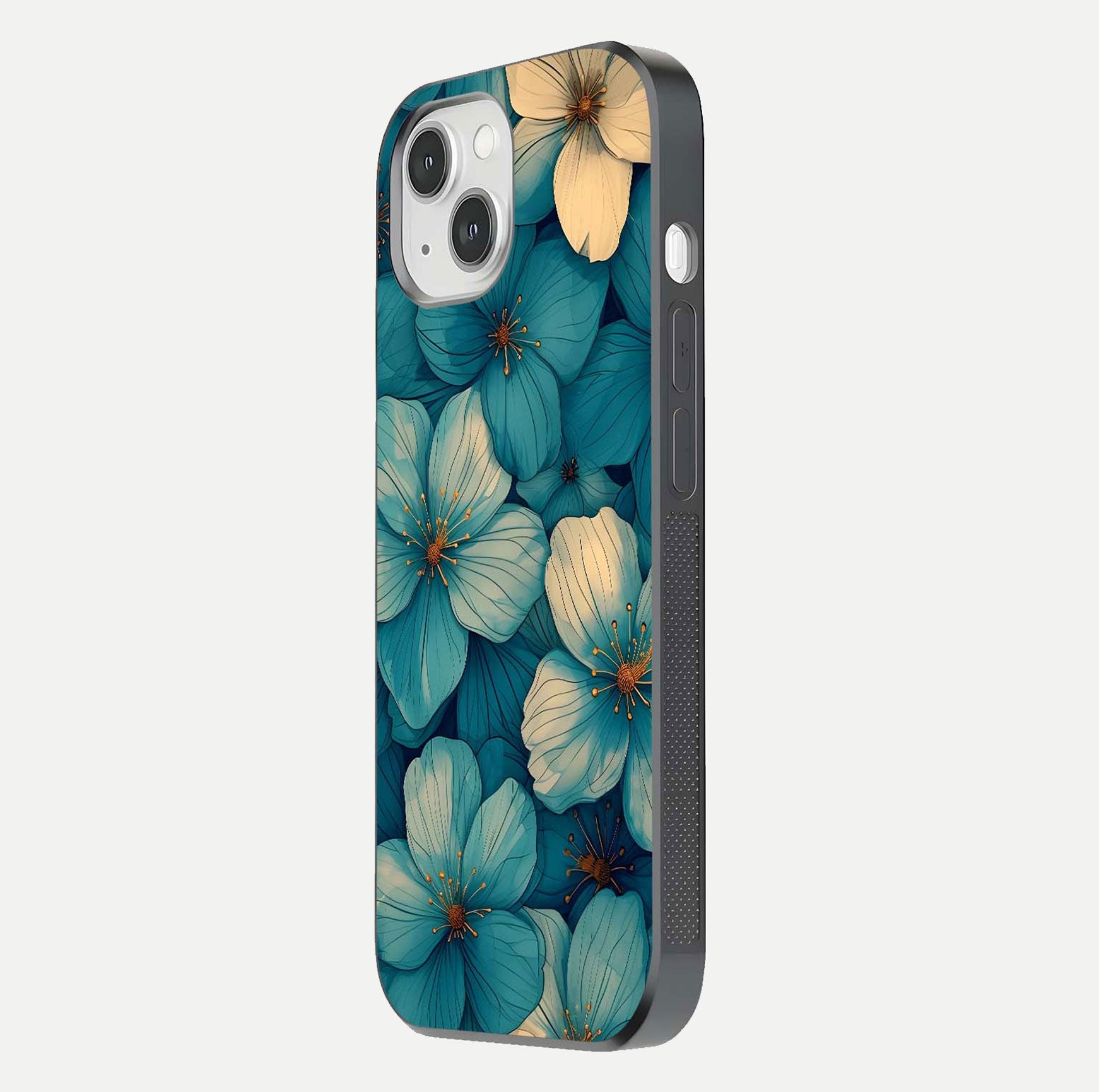 Blue Shade Floral Glass Case for iPhone 14 side-angle photo showing detailed floral hues and curved glass shine