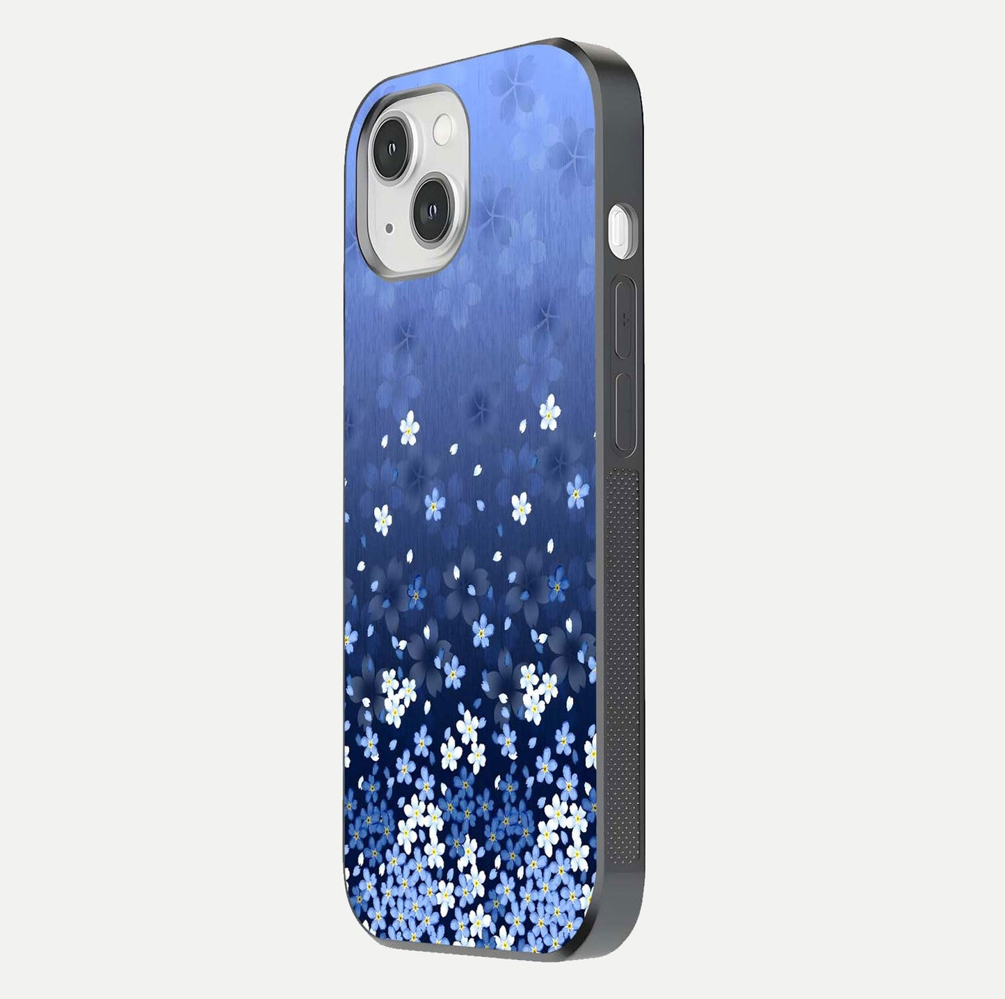 Blue Starry Glass Case for iPhone 14 side-angle photo showing light reflection and detailed star pattern