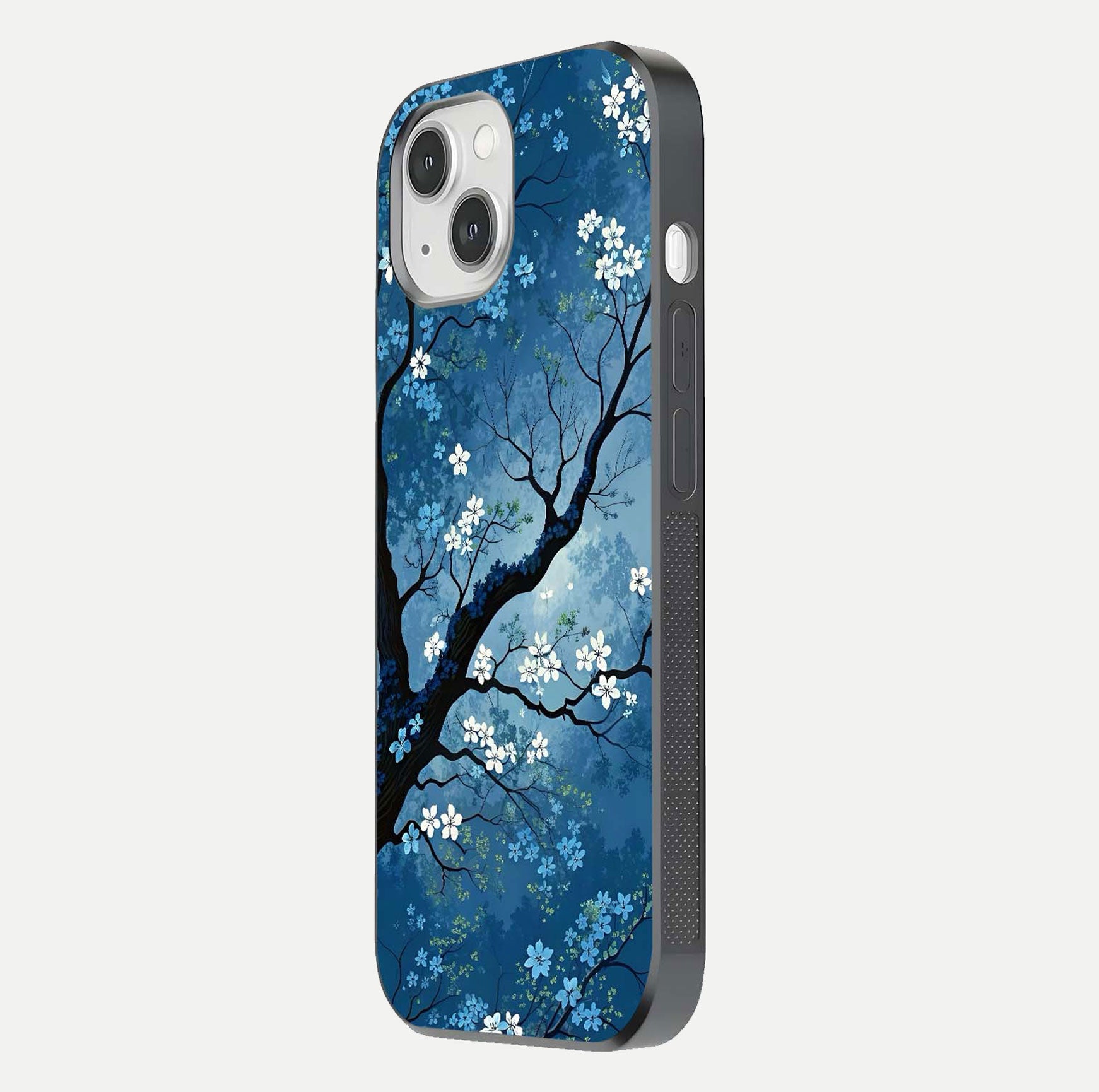 Blue Tree Serenity Glass Case for iPhone 14 side-angle shot showing glossy edge and tree pattern reflection