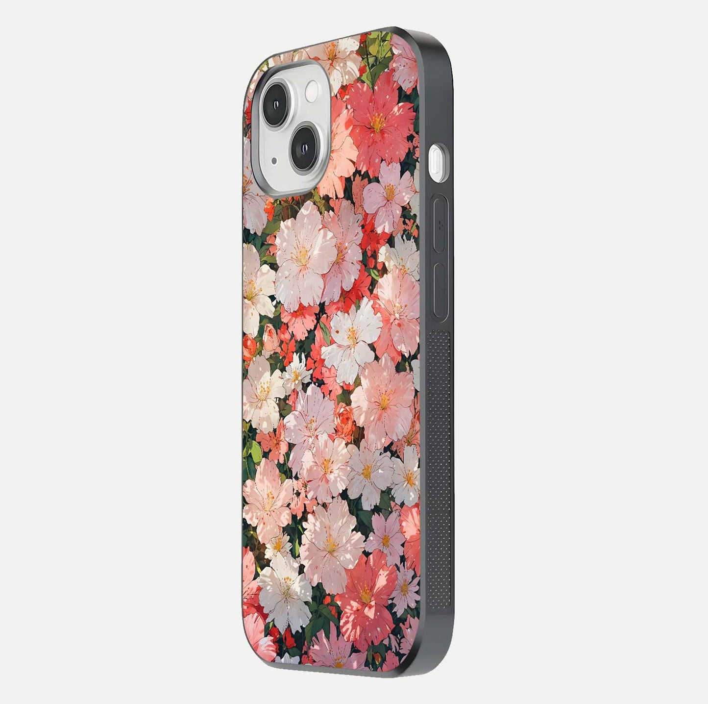 Blush Bloom Field Glass Case for iPhone 16 Pro side-angle image showing petal pattern gloss and smooth edges