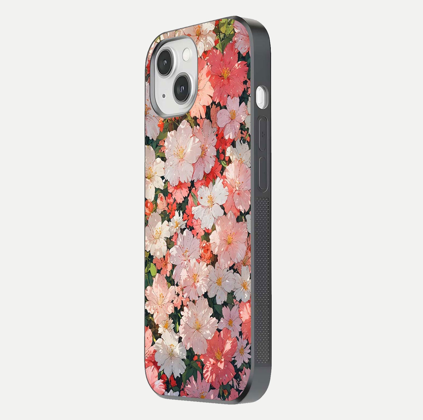 Blush Bloom Field Glass Case for iPhone 16 Pro side-angle image showing petal pattern gloss and smooth edges