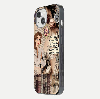 Bookish Dream World Glass Case for iPhone 14 side-angle image showing detail depth and smooth corner polish