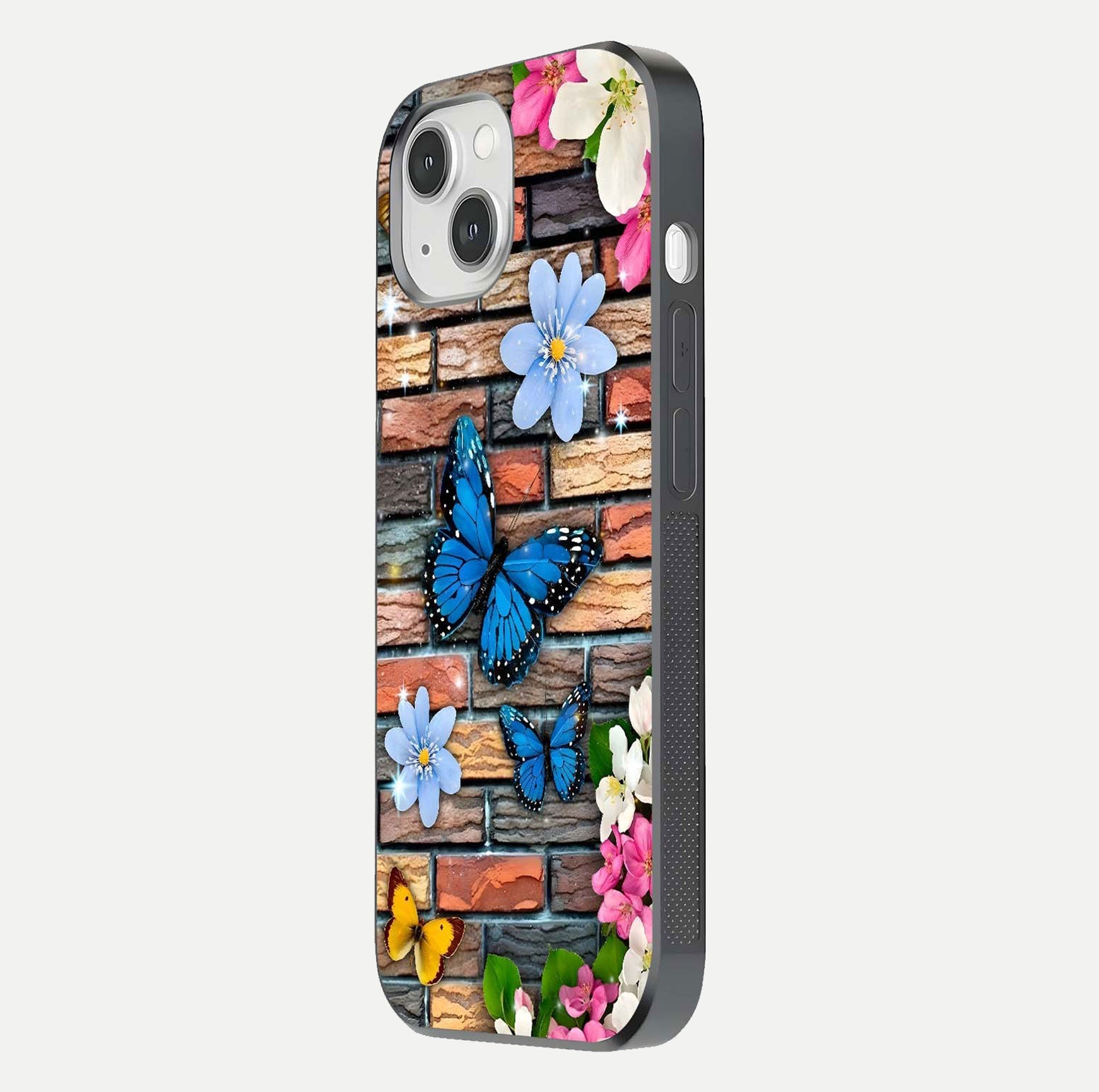 Brick Bloom Flight Glass Case for iPhone 14 side-angle photo showing curve shine and detailed petal contrast