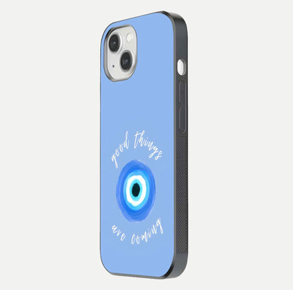 Bright Future Ahead Glass Case for iPhone 14 side-angle image displaying edge smoothness and reflective surface