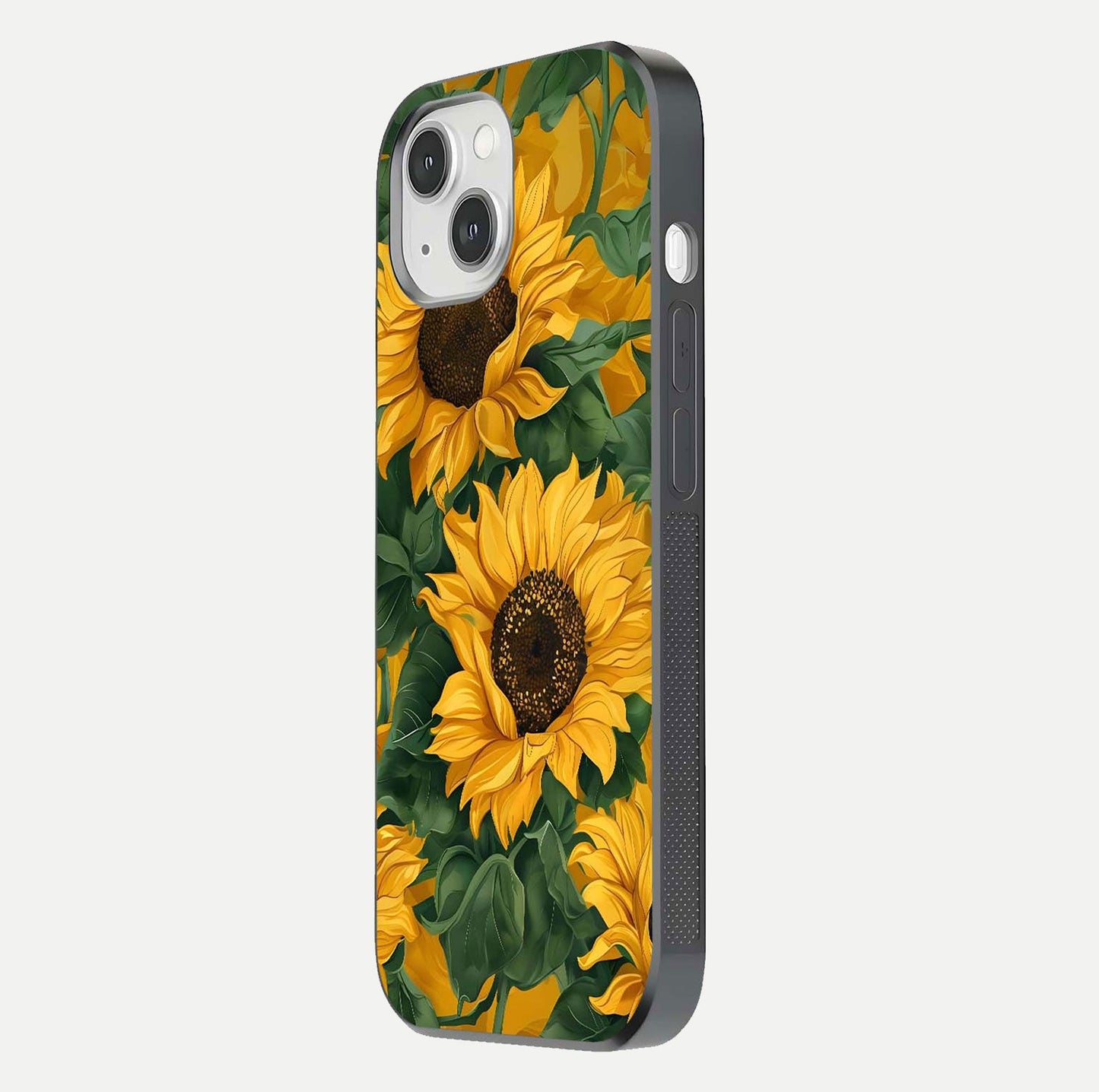 Bright Sunflower Bloom Glass Case for iPhone 14 side-angle image showing shine texture and detailed bloom
